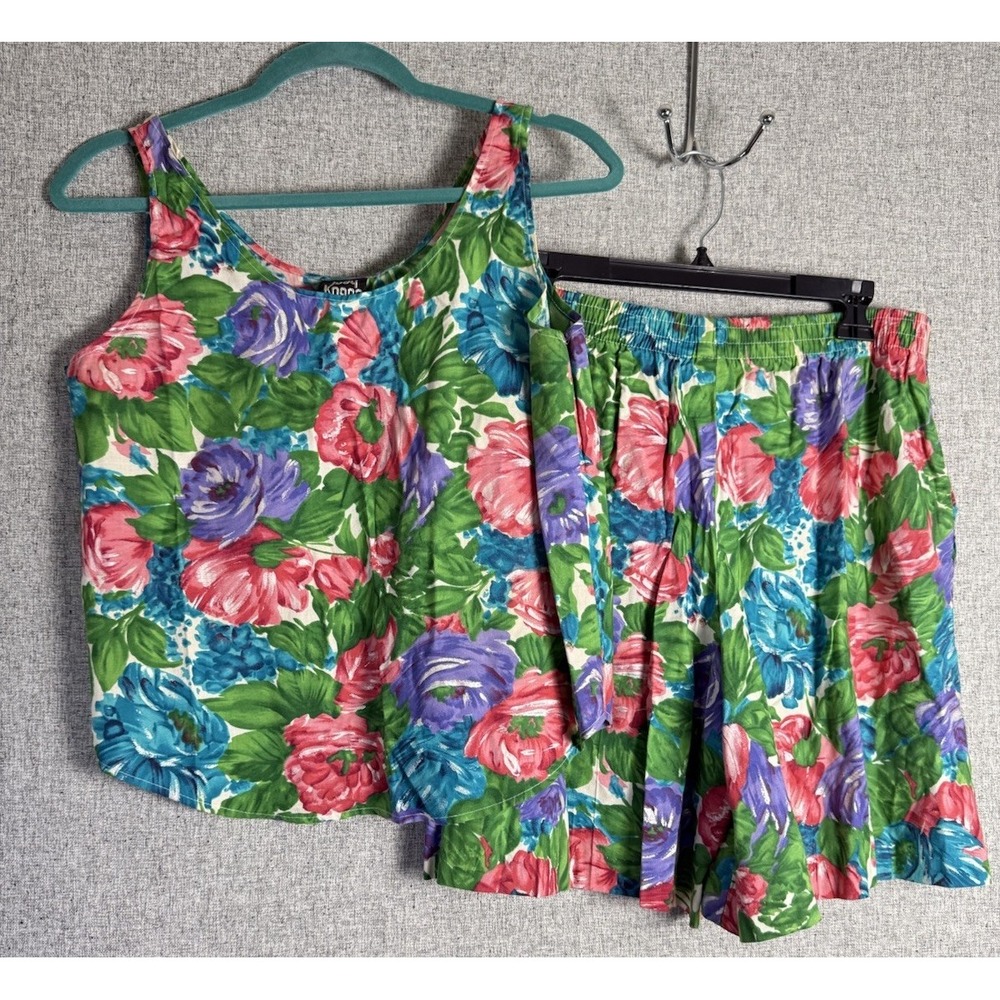 Vintage 80s/90s Judy Knapp Hawaiian Pink Green Floral Metallic Shorts Tank Set S